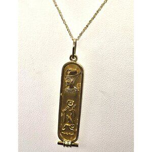 14k Gold Egyptian Cartouche Pendant Necklace With Hieroglyphics Box Chain HS135